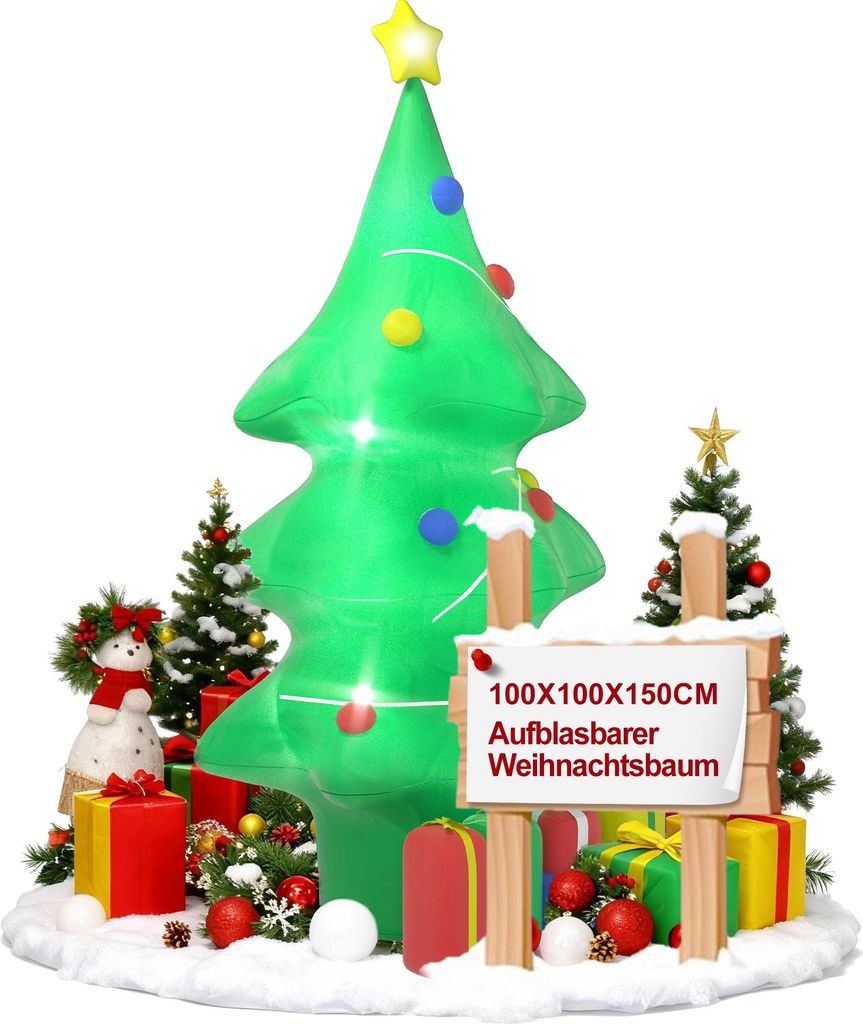 XMTECH Aufblasbarer Weihnachtsbaum 1,5 m mit Geschenkboxen, Weiße LED-Lichter, Hof- und Gartendeko Weihnachten, Inflatable Christmas Decoration f...