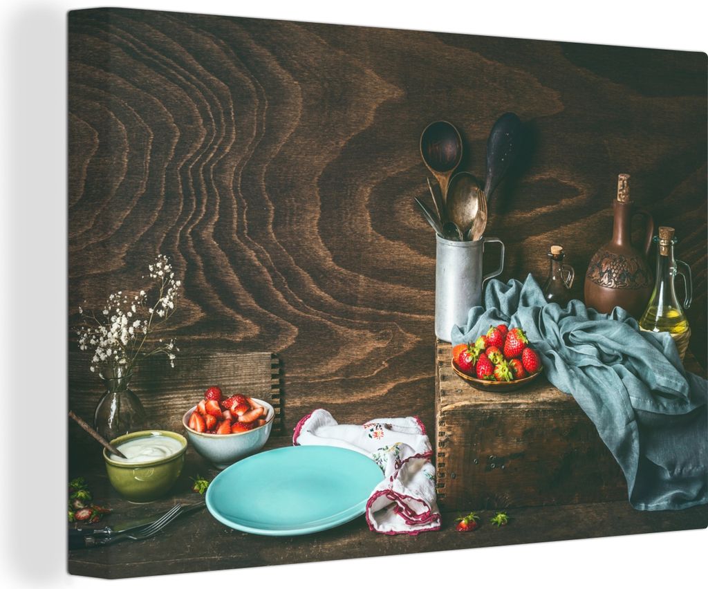 OneMillionCanvasses - Leinwandbilder - 150x100 cm, Rustikal - Obst - Küchenutensilien - Erdbeere, Wandbilder Kunstdruck Wanddekoration - Foto au...