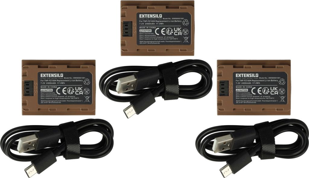 EXTENSILO 3x Akku kompatibel mit Sony ZV-E10 II, ZV-E10M2, ILME-FX2A, ILME-FX3A, ZV-E1, FX2, FX3 Kamera (2400 mAh, 7,2 V, Li-Ion), USB-C Buchse