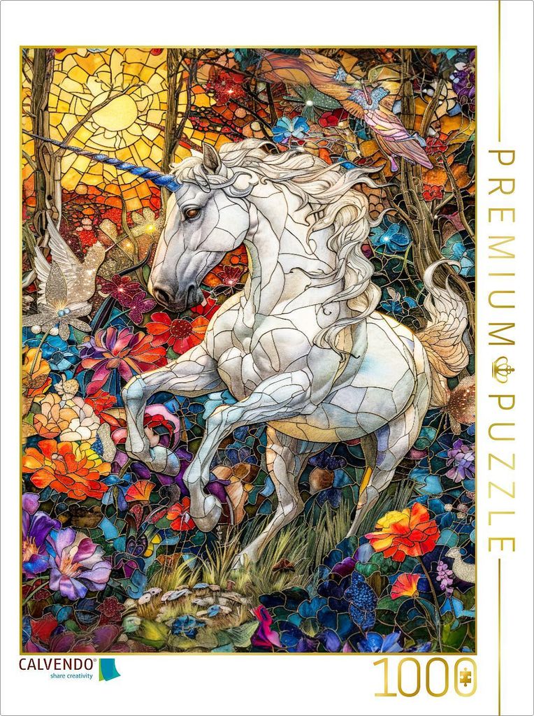 CALVENDO Puzzle Ein majestätisches Einhorn prangt auf einer farbenfrohen Blumenwiese | 1000 Teile Lege-Größe 64x48cm Foto-Puzzle für glücklich...