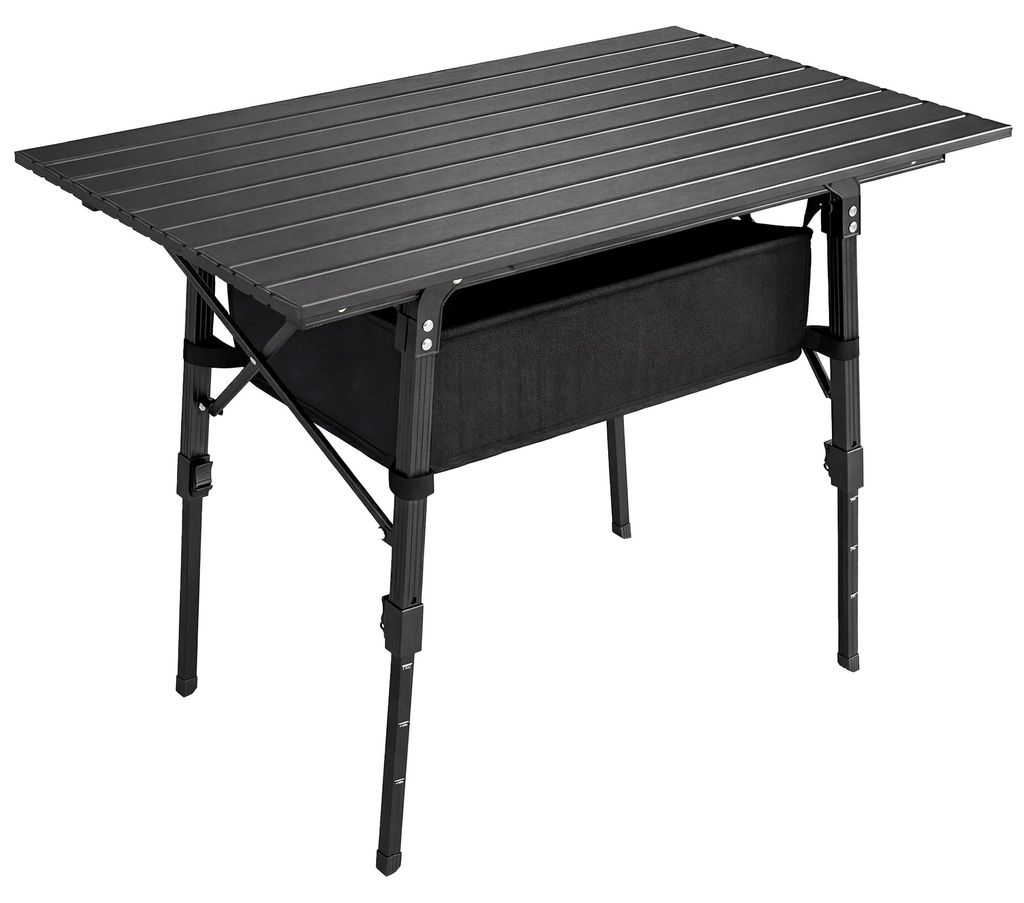 Campingtisch mit Aufbewahrungskorb, höhenverstellbar, faltbar, Aluminium, Schwarz