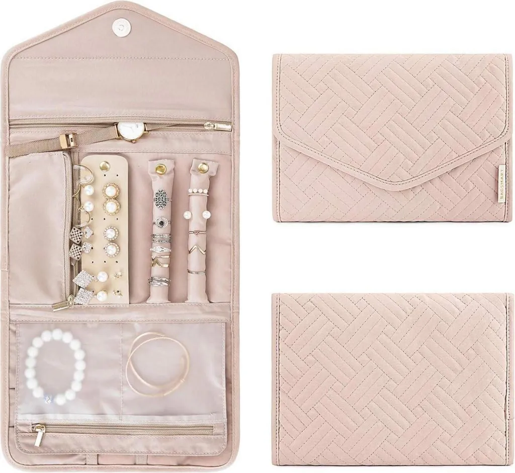 Boîte à bijoux de voyage rose compacte avec miroir intégré - Série Nova