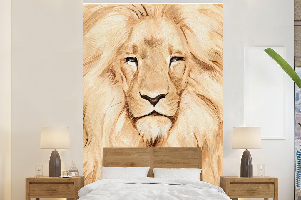 MuchoWow Fototapete für Wohnzimmer oder Schlafzimmer Wandtapete Vinyl Motivtapete Tiere - Löwe - Illustration - 145x220 cm - Wanddekoration