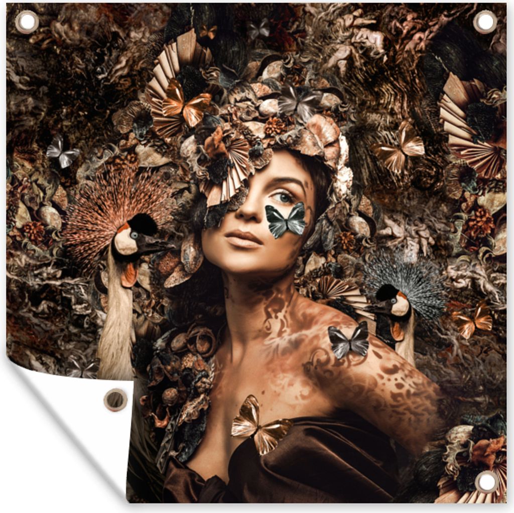 MuchoWow 50x50 cm Outdoor-Poster Gartendeko Sichtschutz Garten Poster für den Garten Luxus - Frau - Tiere - Schmetterlinge - Vögel