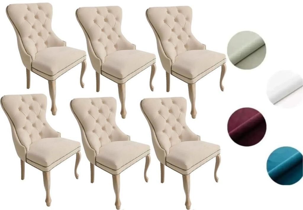 Chesterfield Stuhl MADAME 2 (6 Stück) – eleganter Polsterstuhl im Glamour-Stil, Samt Beige, Holzbeine in hellem Rustikal-Finish, Komfortsitz