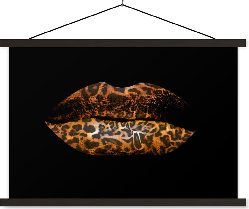 MuchoWow Textilposter Lippen - Tigerdruck - Schwarz 60x40 cm mit schwarzem Rahmen - Hölzernes