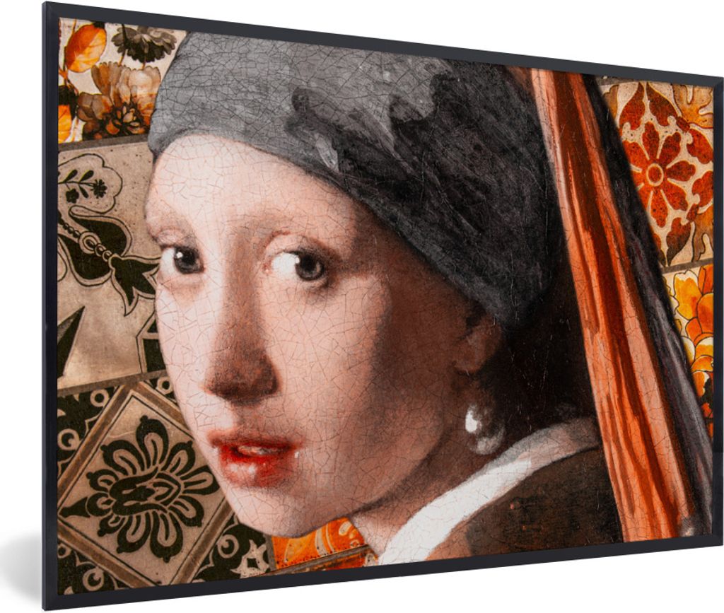 MuchoWow Gerahmtes Poster Das Mädchen mit dem Perlenohrring - Vermeer - Collage 30x20 cm - Poster mit Schwarzem Bilderrahmen Wandposter Rahmen F...