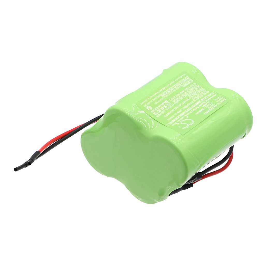 A green battery pack with two wires attached, lying on a white background.