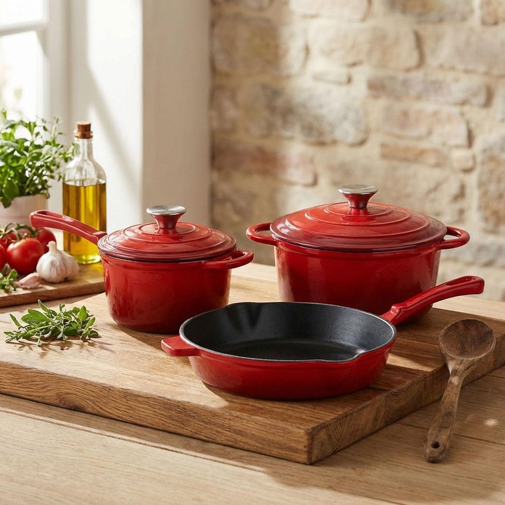 Profi Gusseisen Topfset 3-teilig, Set aus Pfanne, Kochtopf und Stielkasserolle, Emailliertes Kochgeschirr für alle Herdarten, Induktion & Backofen