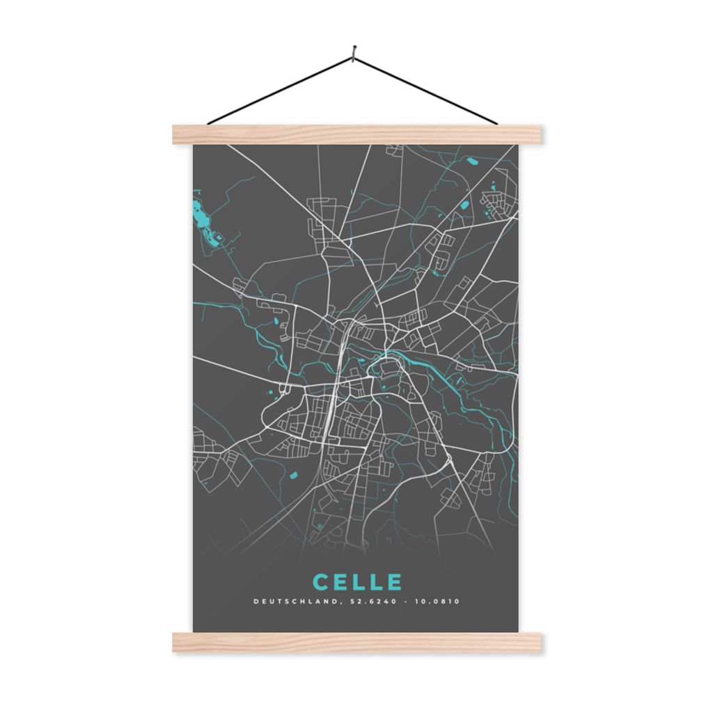 MuchoWow Textilposter Blau - Deutschland - Karte - Stadtplan - Celle 60x90 cm mit holzfarbenen Rahmen - Textil
