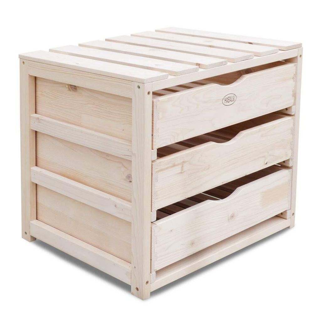 A wooden storage unit with three drawers.