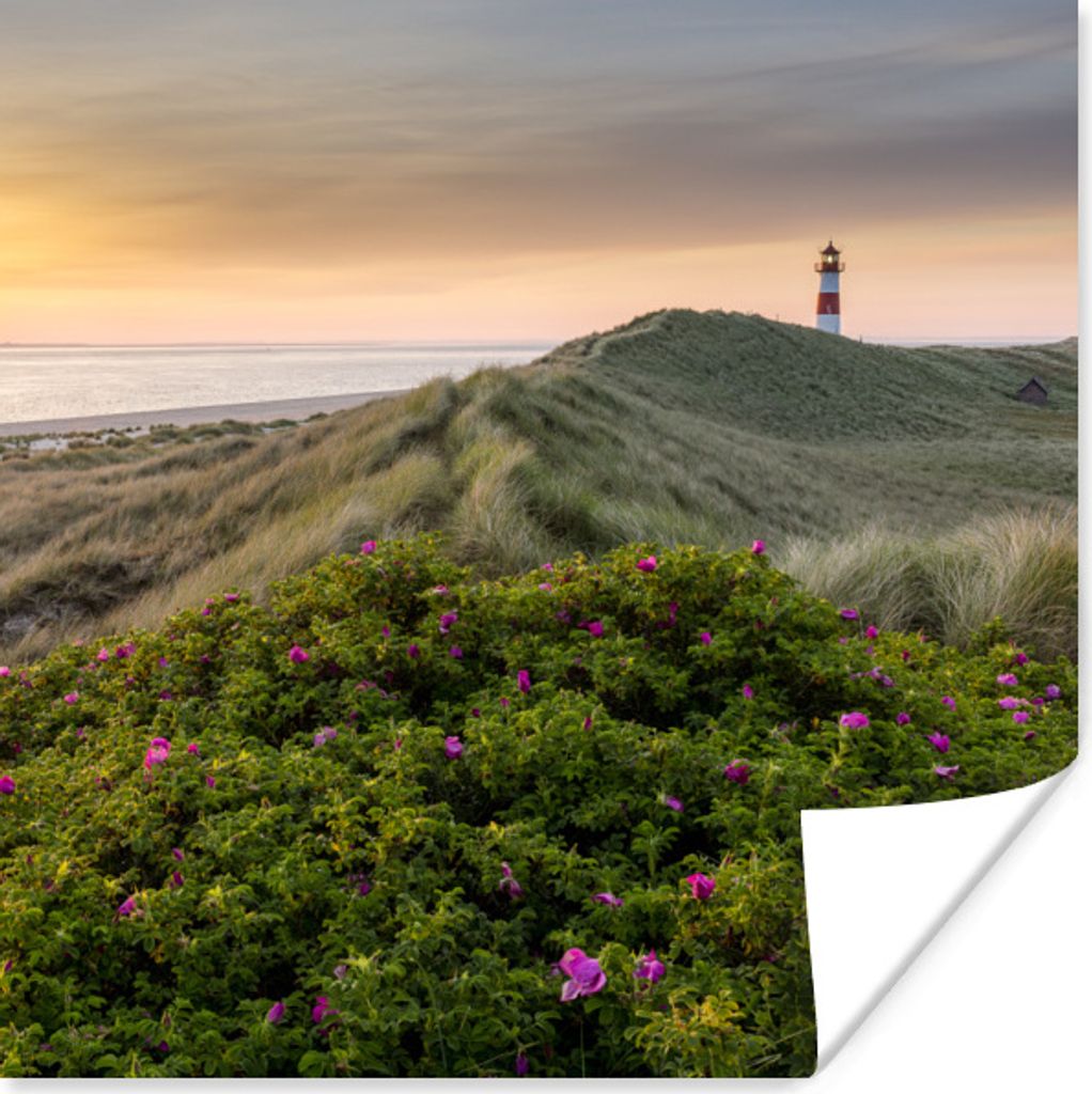 MuchoWow Poster Leuchtturm - Berg - Blumen - Wasser 75x75 cm - Wand Dekoration