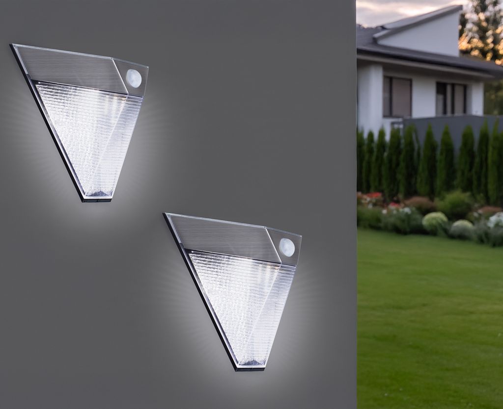 2x LED Solar Außenleuchte Bewegungsmelder Edelstahl dreieckig Downlight außen