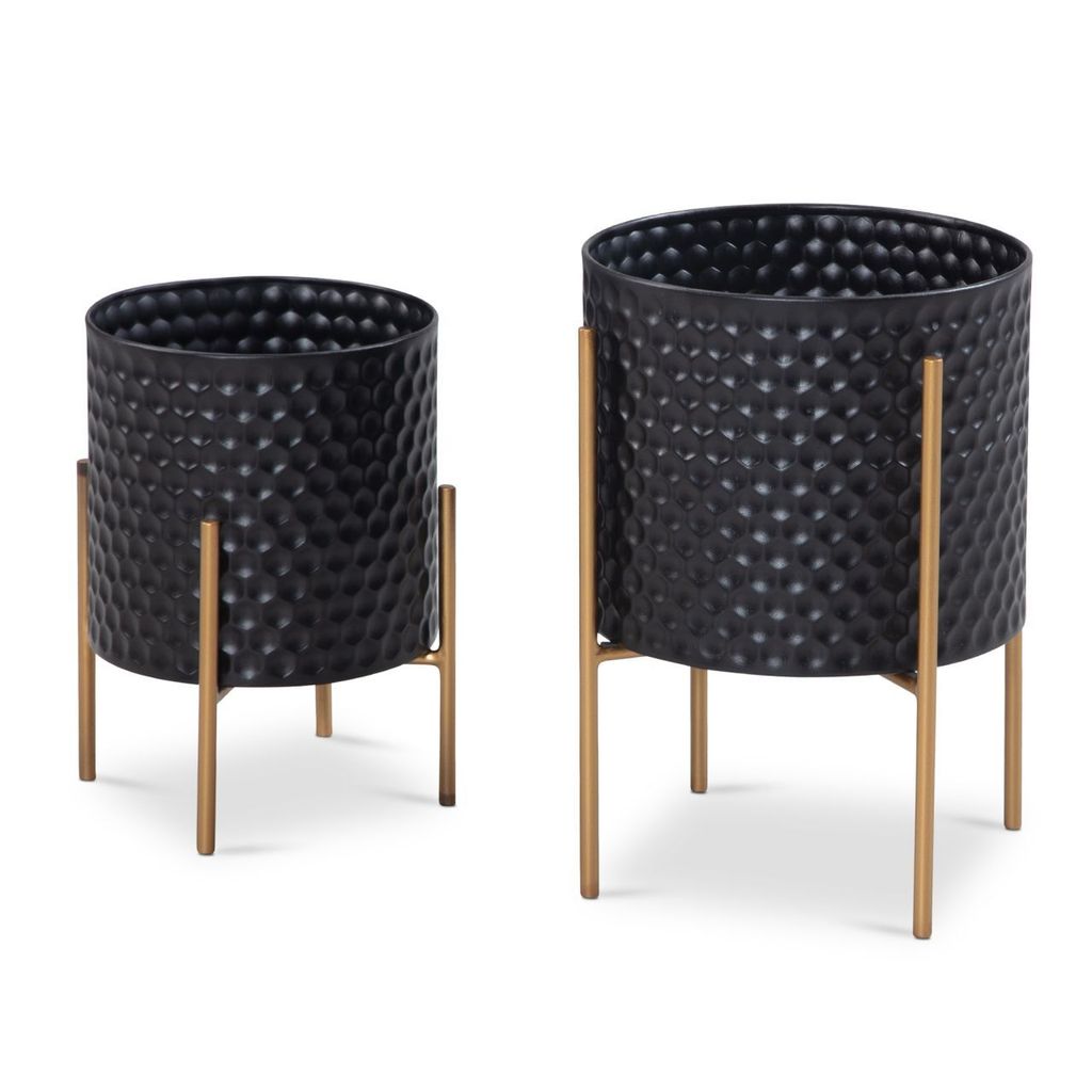 Blumentopf 2er Set Metall Pflanzkübel Schwarz / Gold mit Füßen, Design Pflanzenkübel Rund Indoor, Blumenkübel Pflanzgefäß mit Waben-Muster i...