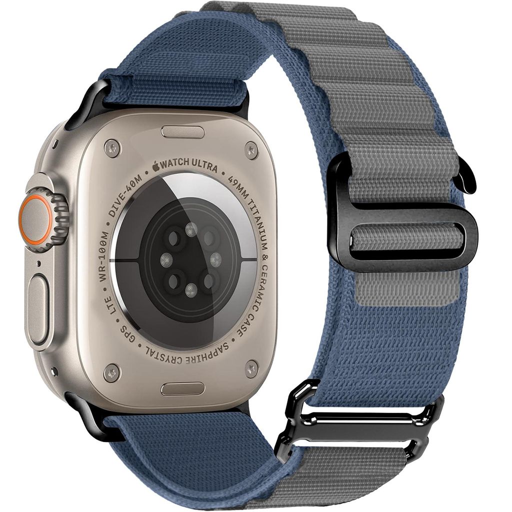 FFO2World Alpine Loop Nylonarmband für Apple Watch 46/45/44/42/49 mm (Ultra) – Sportliches Armband mit 6-Haken-Verschluss – Schwarz/Blau