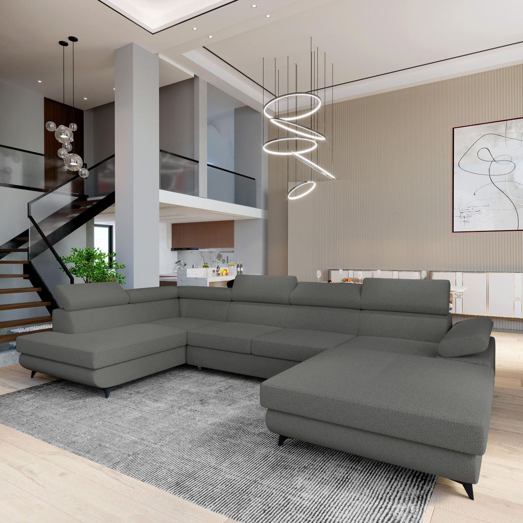Masseno Ecksofa RUBANO L-S mit Schlaffunktion U-Form, Sofa mit Bettkasten, Wohnzimmersofa, Couch, Soffa, Bettsofa, Couchgarnitur- Grau, QUELLE 92