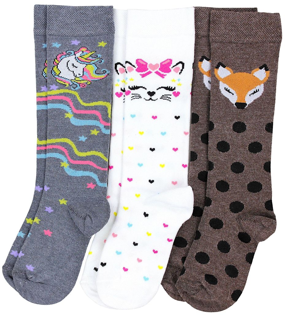 TupTam Mädchen Knielange Socken Gemustert 3er Pack, Farbe: 3er Pack Einhorn Grau / Katze Weiß / Rehlein Braun, Socken Größe: 27-30