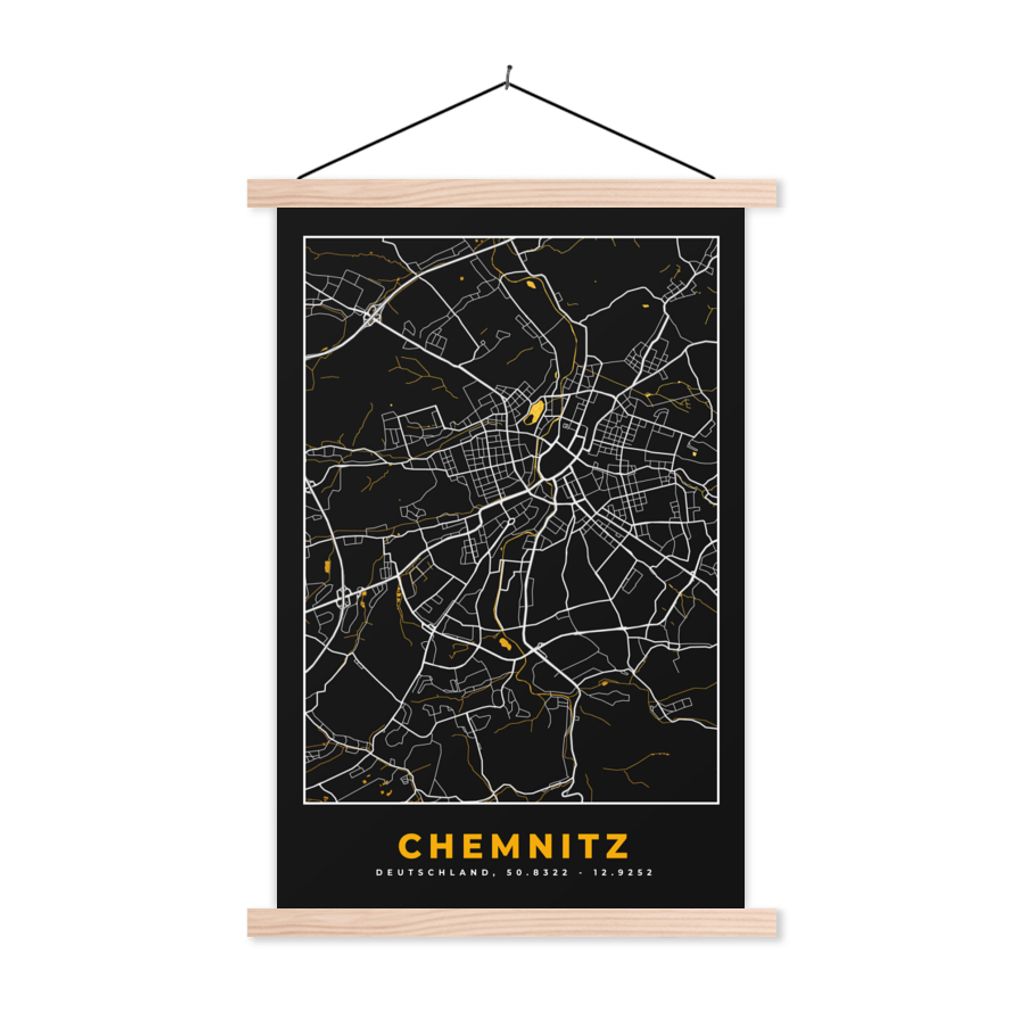 MuchoWow Textilposter Chemnitz - Deutschland - Karte - Gold - Stadtplan 120x180 cm mit holzfarbenen Rahmen - Textil-Plakat