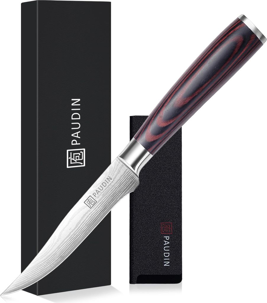 PAUDIN N17 Officemesser – 12,5 cm – Elegantes, gebogenes Koch- und Küchenmesser – Damaststahl – Inklusive Knifeguard