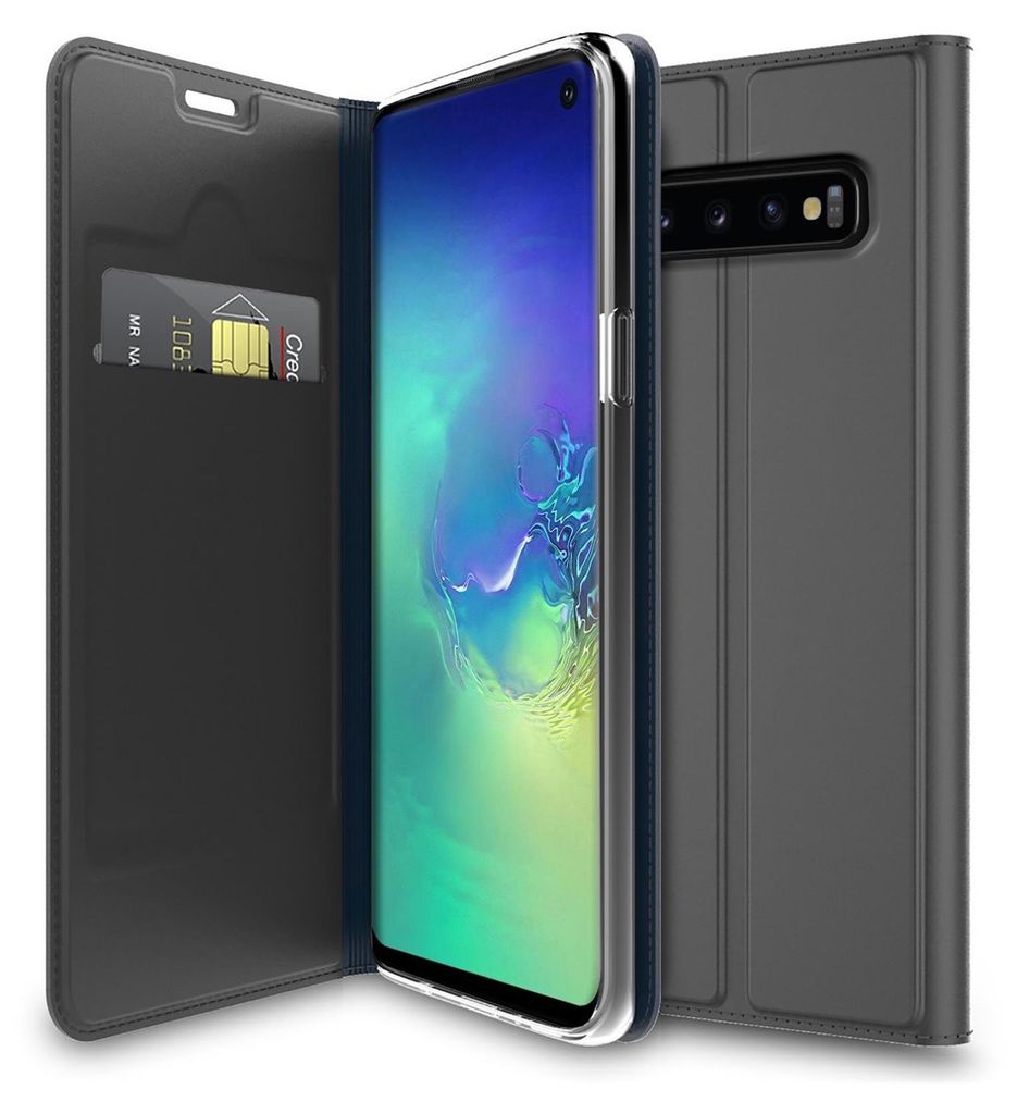 A smartphone in a flip case, with the case open to reveal the phone screen and a card slot.