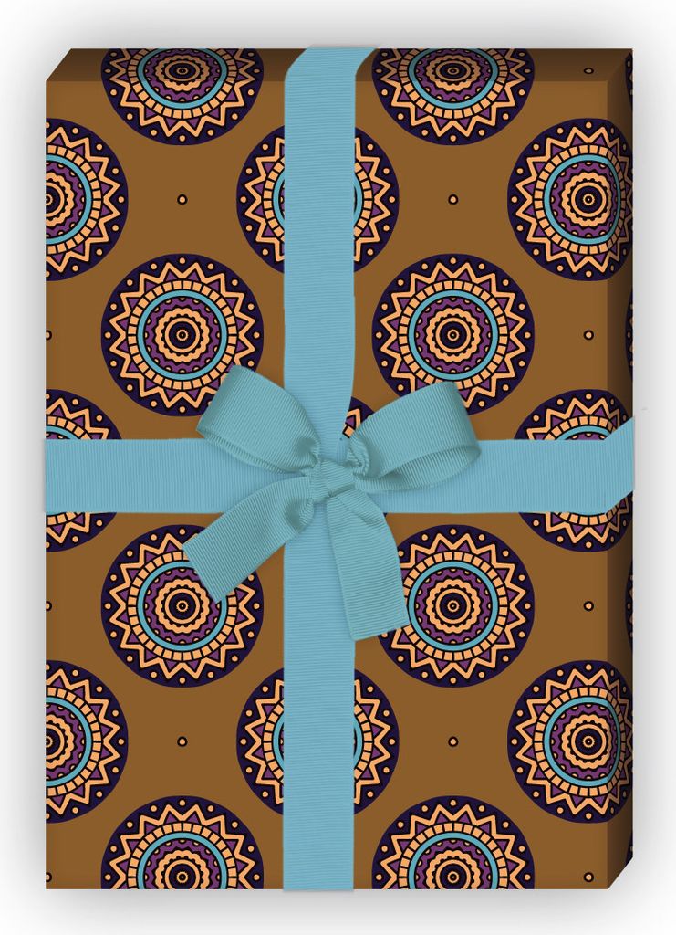 Edles Ethno Geschenkpapier Set, Dekorpapier mit Stern Kreis Muster, braun - G8782, 32 x 48cm