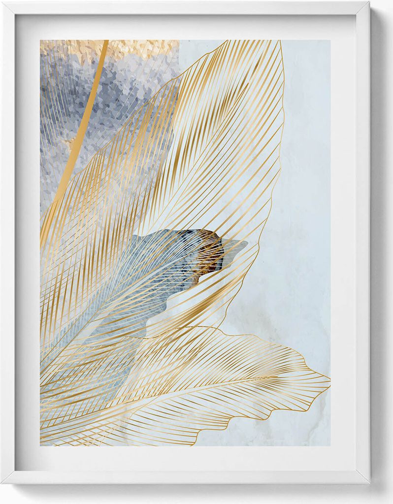 Glamour-Bananenblätter mit Gold– Wandbild mit Rahmen – Gerahmtes Bild – Wanddekoration – 60x80 cm – Weiß Rahmen