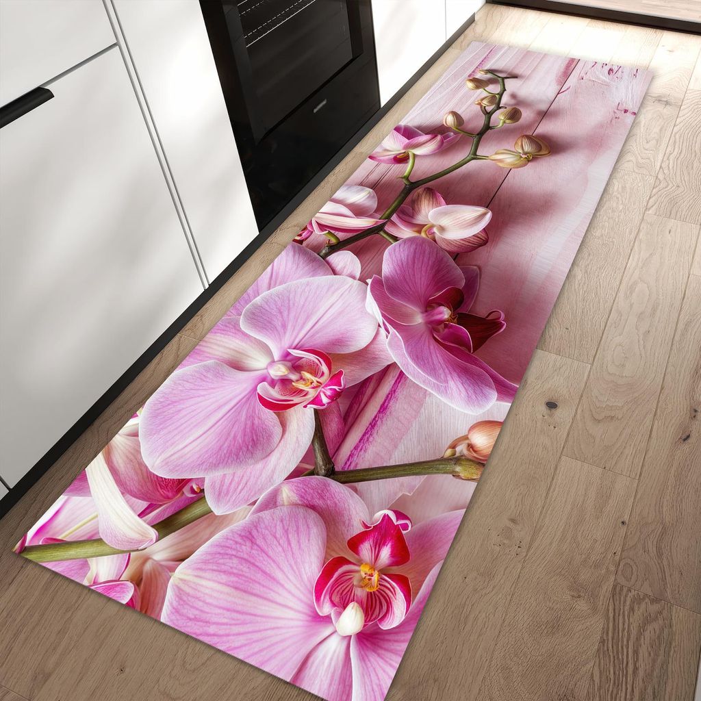 Küchenteppich 80x250cm rutschfest & abwischbar PVC Läufer - Orchideen Holz Hintergrund