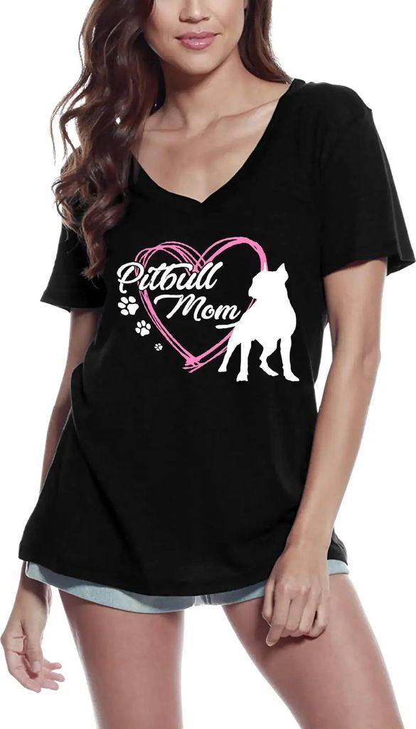 Damen Grafik T-Shirt V-Ausschnitt Pitbull Mama Herz Pfote - Pitbull Mama Hundeliebhaber – Pitbull Mom Heart Paw - Pitbull Mother Dog Lover
