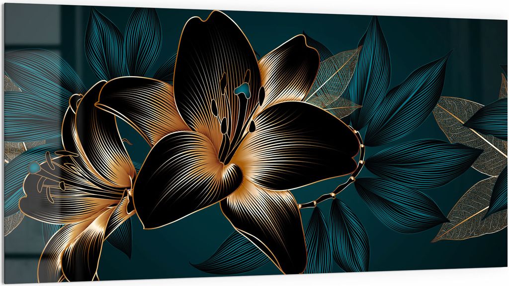 DEQORI Küchenrückwand Glas 100x50 cm 'Hochwertige Liliengrafik' Spritzschutz Bad Rückwand