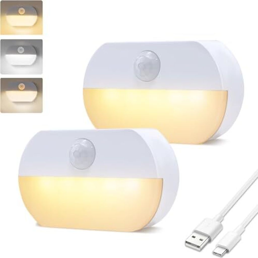 LED -Nachtlichtbewegungssensor, Kinder, USB -wiederaufladbar, Lampenschlafzimmer, Schrank, Toilette, Flur, Treppenbeleuchtung (Pack 2, warmes Weiß)