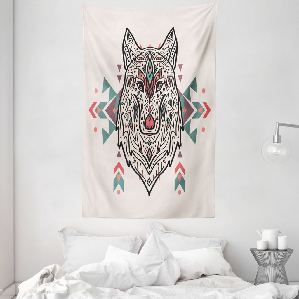 ABAKUHAUS Ethnisch Wandteppich und Tagesdecke, Big Wolf-Kopf-Verzierungen aus Weiches Mikrofaser Stoff Waschbar ohne Verblassen Digitaldruck, 140 x...