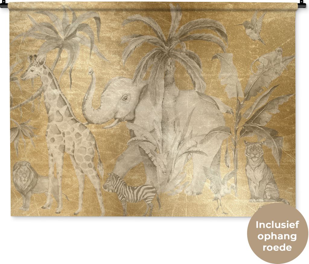MuchoWow Wandteppich Wandbehang Dschungel - Kinder - Gold - Tiere 150x112 cm Tapisserie Dekoration Wandtuch - Wanddecke - Wandteppiche
