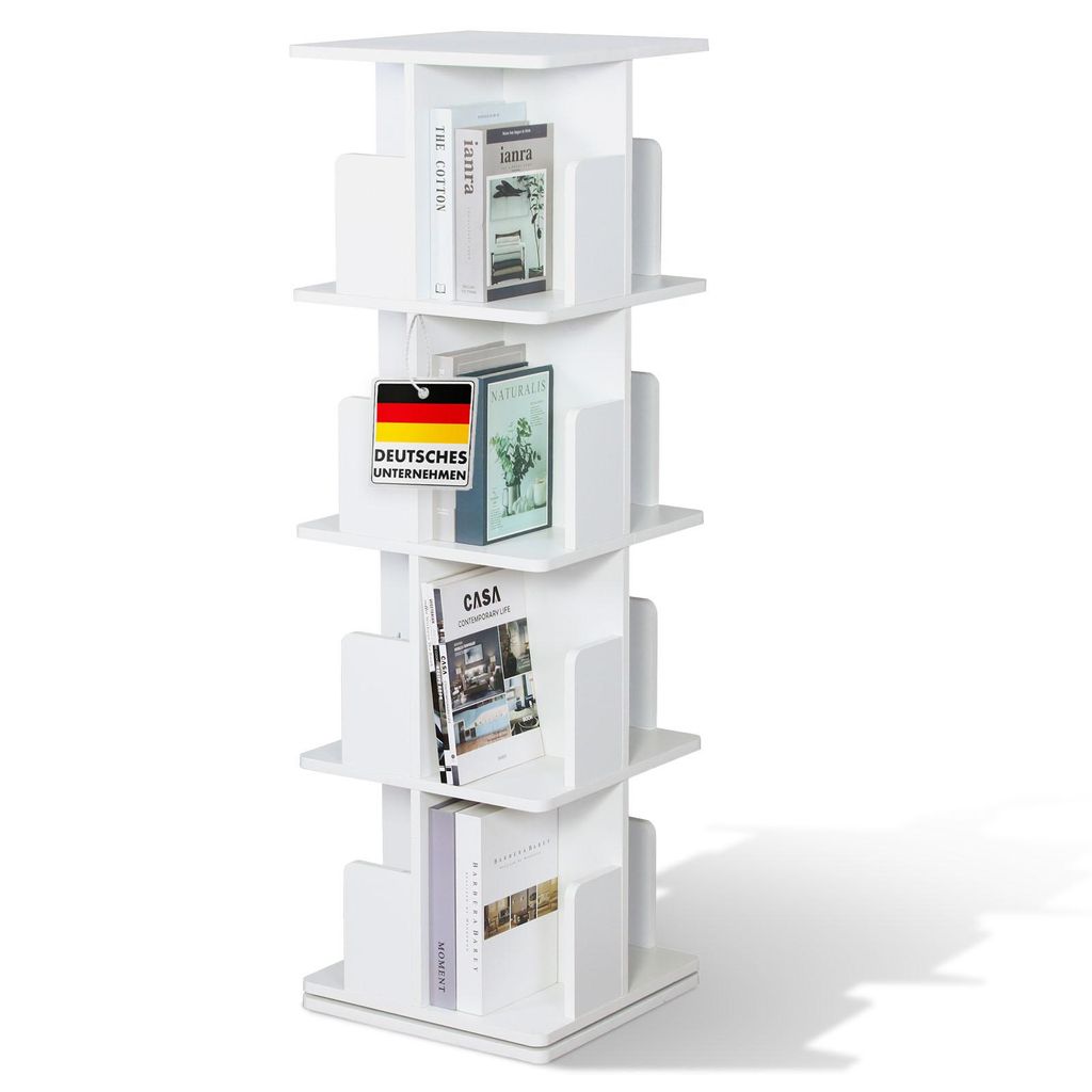 Bücherregal, Drehregal mit 4 Etagen, 360° drehbares Bücherregal, 40 x 40 x 129 cm, Regal weiß, Indiana
