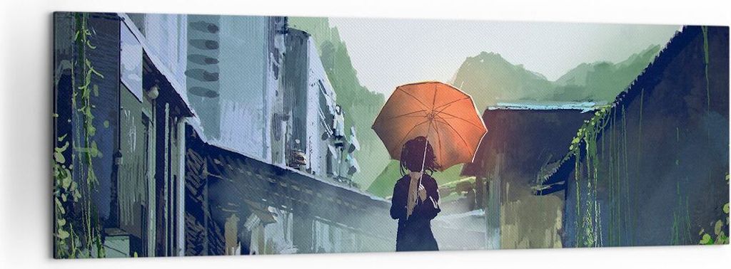 Bild auf Leinwand - Leinwandbild - Frau Straße Haus - 160x50cm - Wand Bild - Wanddeko - Wandbilder - Leinwanddruck - Bilder - Kunstdruck - Wanddek...