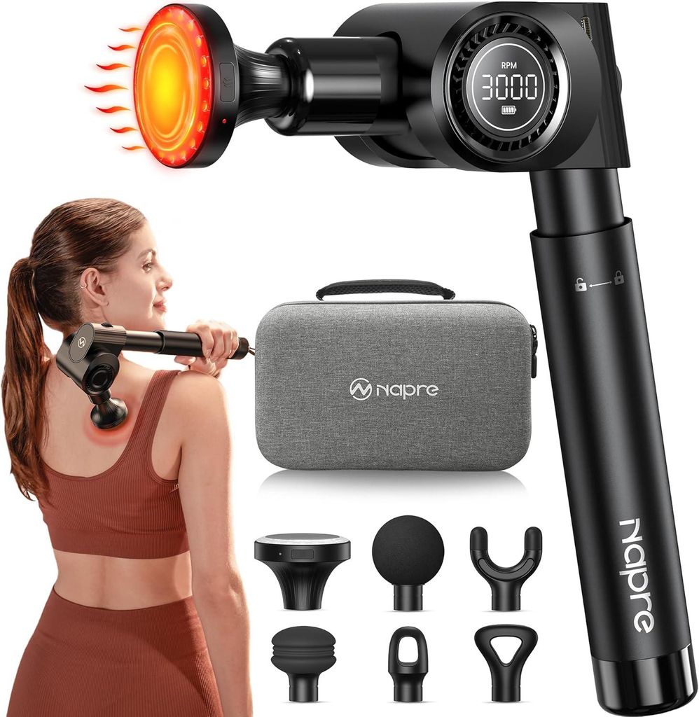 Massagepistole mit Wärme & Rotlicht, 32 Geschwindigkeiten, Percussion Massagegerät für Rücken, Schulter & Körper, USB-C Schnellladung, Profi-Set