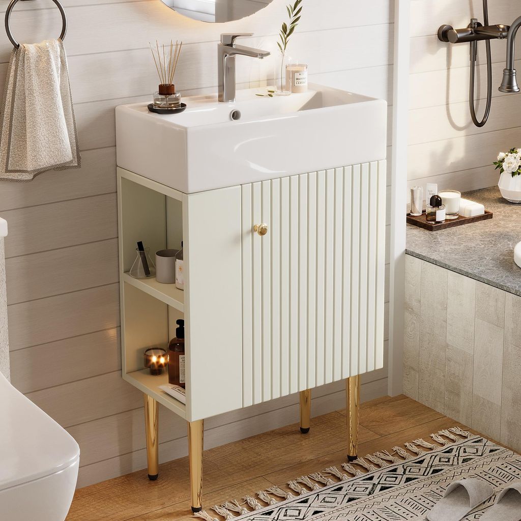 A bathroom vanity with a sink, cabinet, and open shelves, set against a wood-paneled wall.