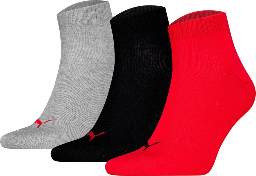 PUMA Uni Quartersocken, 3er Pack - Quarter Plain 3P, Logo, einfarbig Schwarz/Grau/Rot 35-38