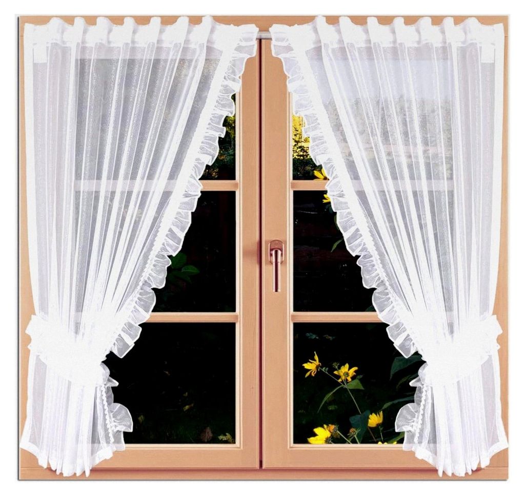 Dekoschals Manja Gardinen-Set 4-teilig Scheibenraffgardine mit Rüsche in Weiß halbtransparent inklusive Raffhalter 125 x 100 cm