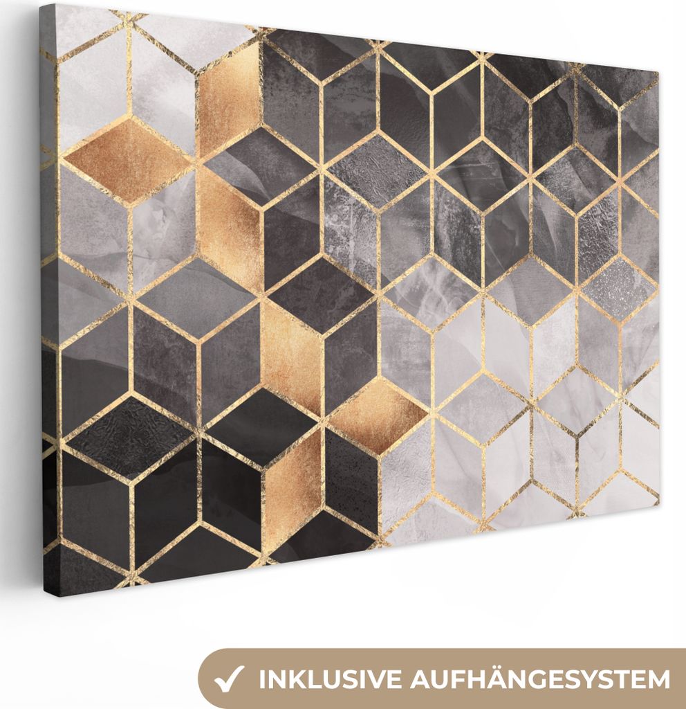 MuchoWow - Leinwandbilder - Abstrakt - Würfel - Gold - Muster - Schwarz - Weiß, Wandbild, Wanddeko Bilder Wohnzimmer, 30x20 cm