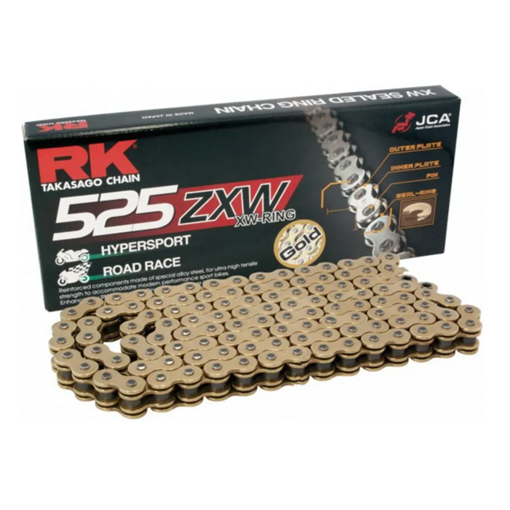 Chaîne de moto RK 525ZXWG 122 maillons or : performance et fiabilité