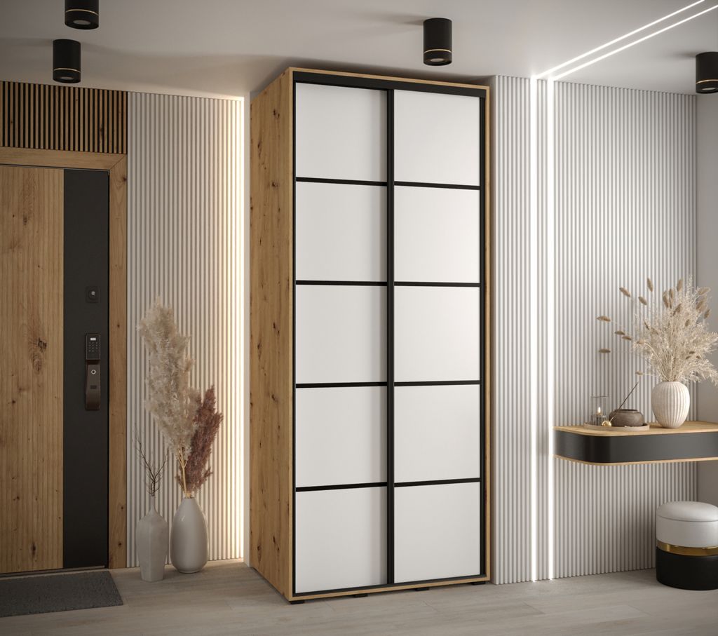 Kleiderschrank ASIRI 4 - 100/60 cm, Eiche handwerklich / weiß / schwarz