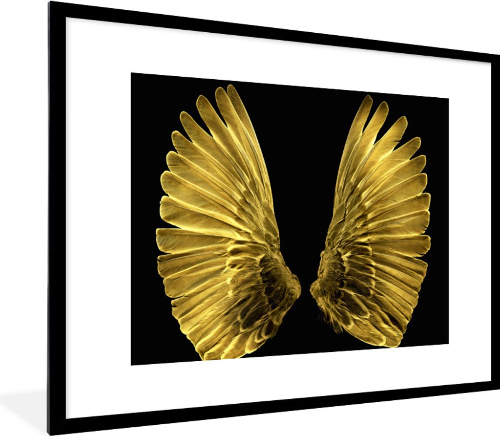 MuchoWow Gerahmtes Poster Goldene Flügel auf schwarzem Hintergrund 80x60 cm - Poster mit Schwarzem Bilderrahmen Wandposter Rahmen Foto Bilder - ...