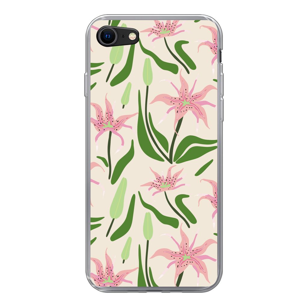 MuchoWow Handyhülle Schutzhülle Hülle für iPhone SE 2020 Blume - Rosa - Blatt Silikon Softcase Handy Hülle - Kartenbesitzer