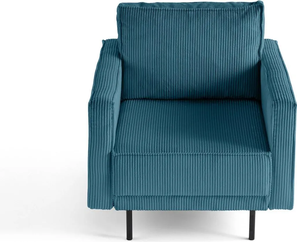 Fauteuil de salon scandinave en velours côtelé bleu canard pieds en bois