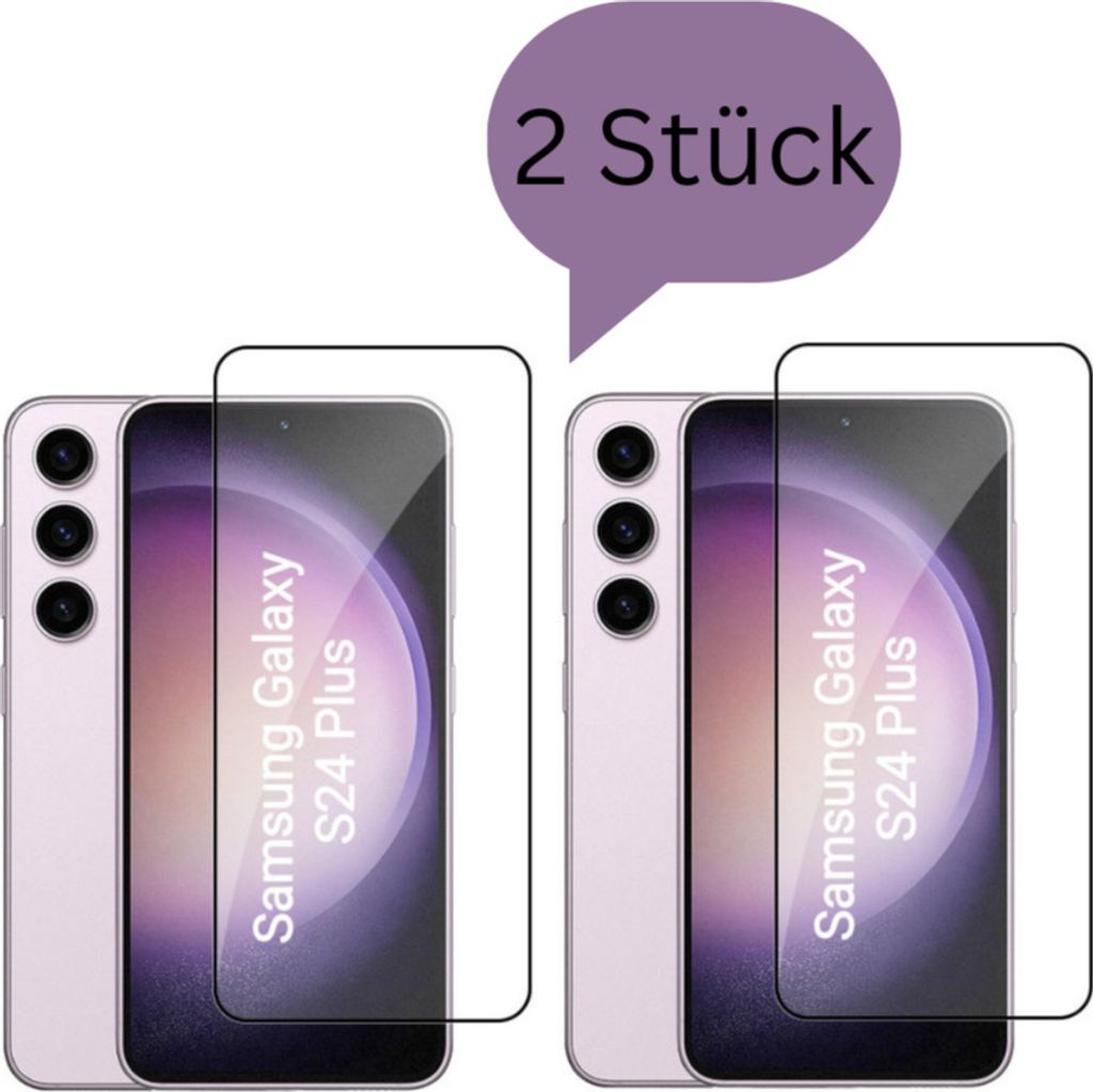 Two Samsung Galaxy S24 Plus phones with screen protectors applied, with a text overlay indicating '2 Stück'.