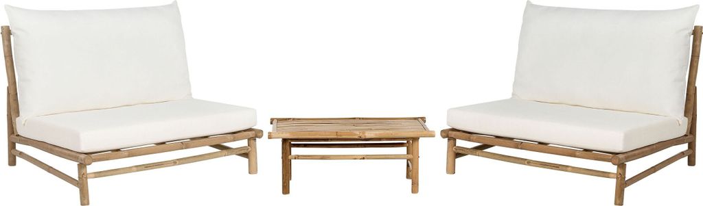 BELIANI Lounge Set Hellbraun Bambusholz 3-Teilig mit Auflagen Cremeweiß Stoff Rustikal Innen- und Außenbereich Outdoor Terrasse Ausstattung Sitzm...