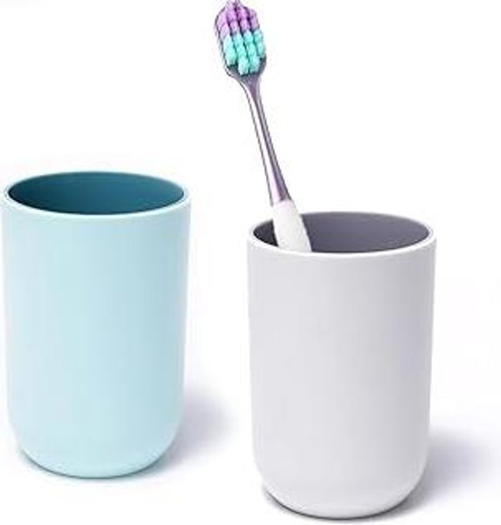 Zahnputzbecher 2 Stück, Wiederverwendbar Zahnputzbecher Kunststoff, Zahnbürstenbecher Set, Mundbecher Trinkbecher (Grau, Blau)