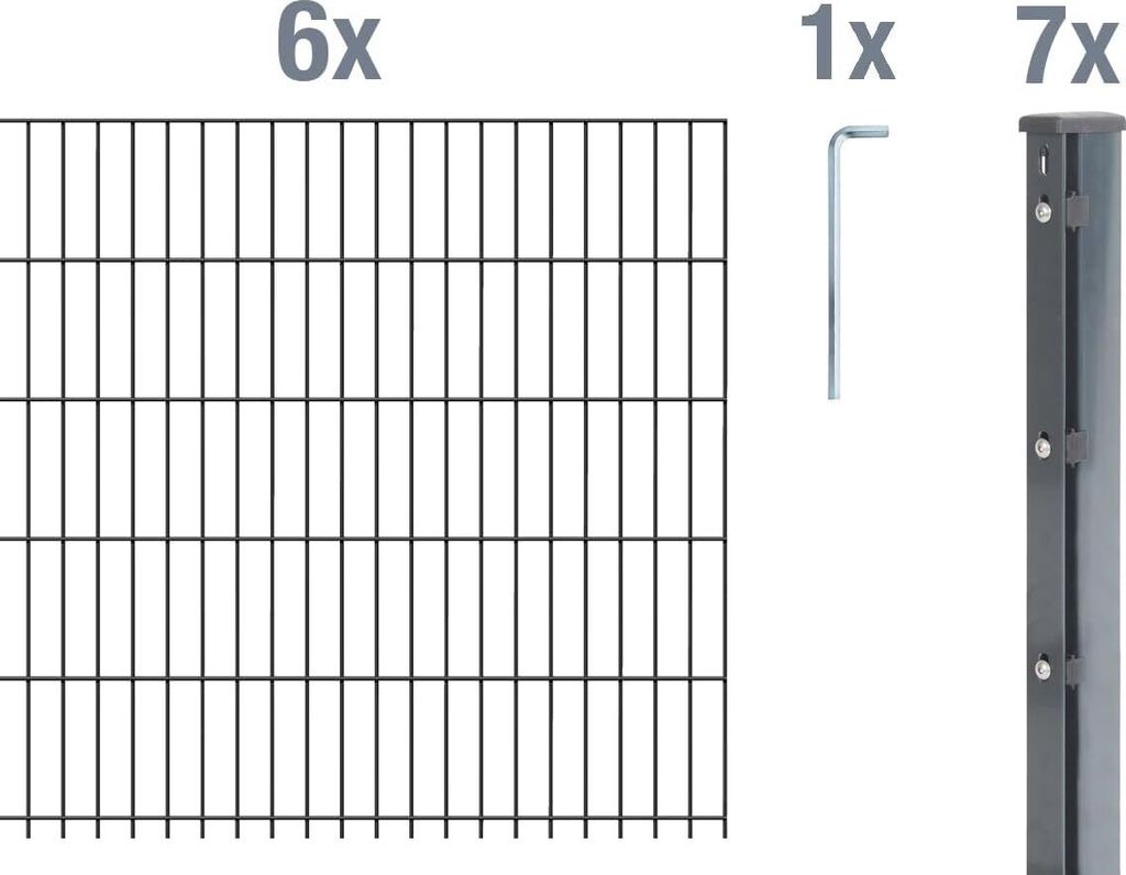 Alberts Doppelstabmattenzaun 6-5-6, Matten 2,50 m, Höhe 83 cm, Länge 15 m, anthrazit, Zaun als Komplettset, Pfosten mit Klemmlasche 60x40 mm