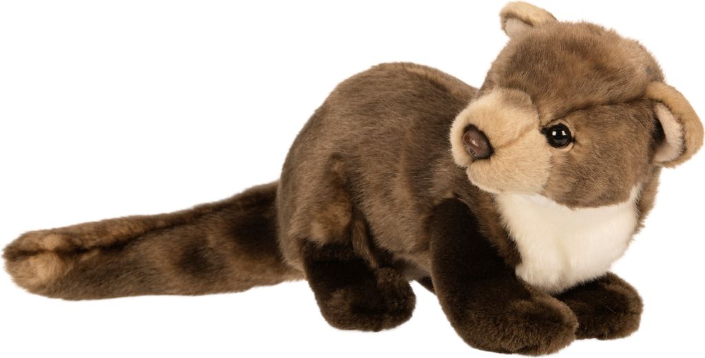 A plush toy marten lying down against a white background.