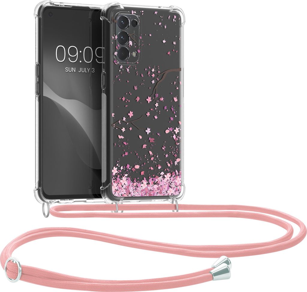 kwmobile Necklace Case kompatibel mit Oppo Find X3 Lite Hülle - Silikon Cover mit Handykette - Rosa Dunkelbraun Transparent Kirschblütenblätter